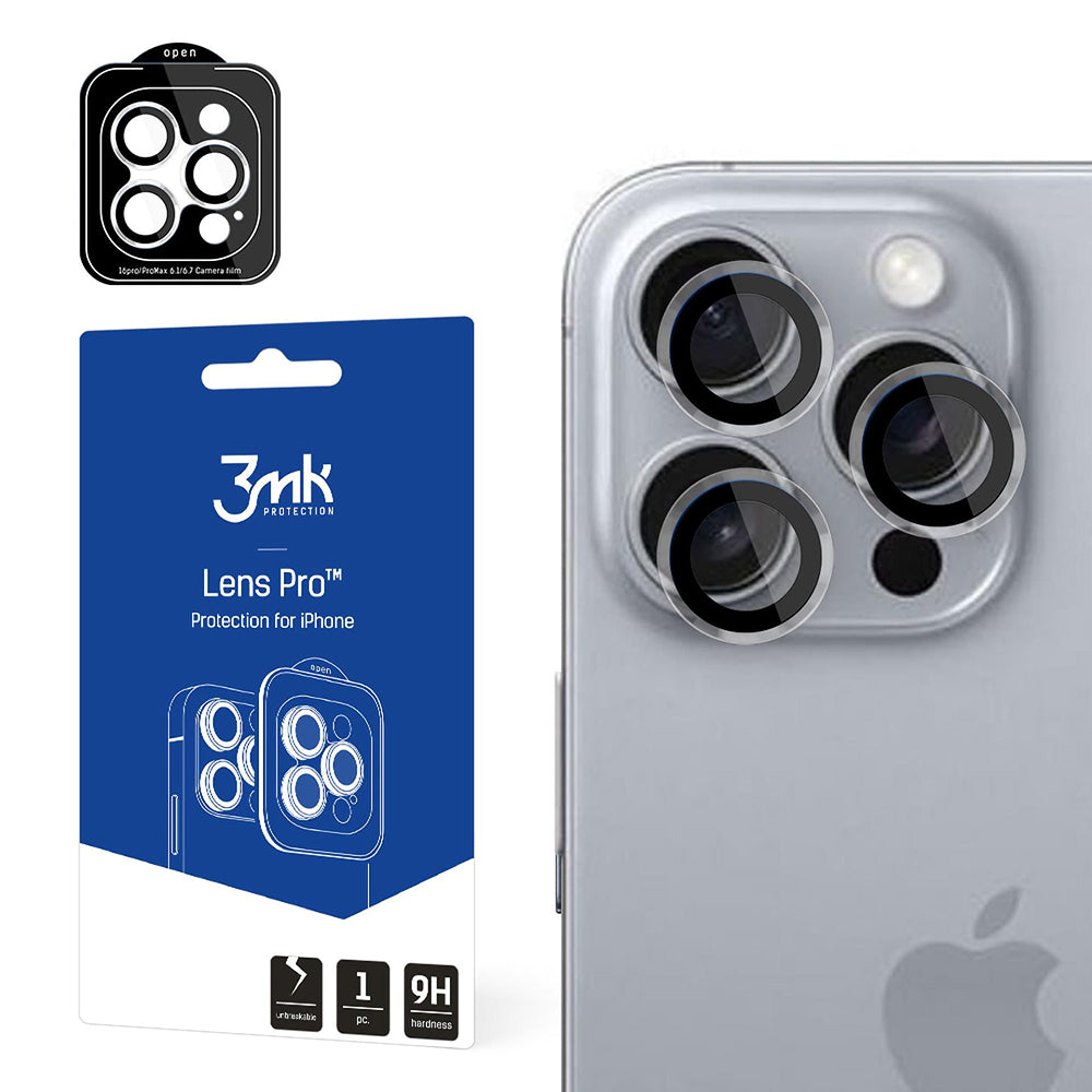 Film de protection pour caméra arrière 3MK Lens Pro pour Apple iPhone 16 Pro Max / 16 Pro, Verre trempé, Noir