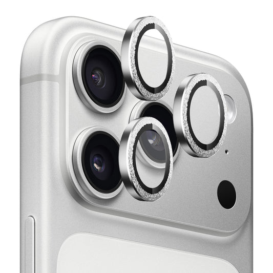 Film de protection pour caméra arrière Blueo Glitter Diamond Metal Frame pour Apple iPhone 17 Pro Max / 17 Pro, Verre Trempé, Argenté