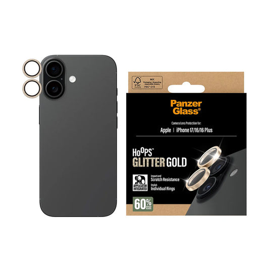 PanzerGlass Hoops Glitter Rear Camera Protector for Apple iPhone 17 / 16 Plus / 16, Tempered Glass, Gold