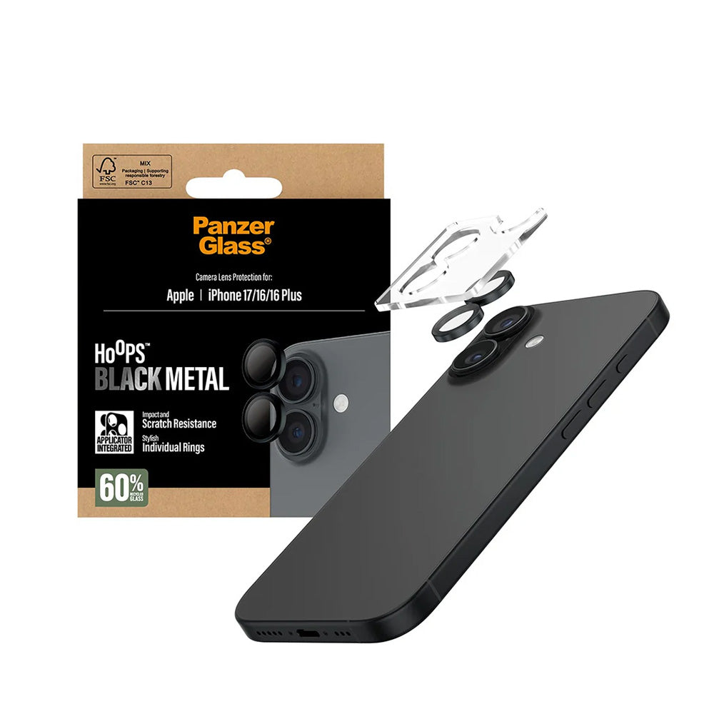 Back Camera Protection Film PanzerGlass Hoops for Apple iPhone 17 / 16 Plus / 16, Tempered Glass, Black