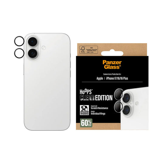 PanzerGlass Hoops Rear Camera Protector for Apple iPhone 17 / 16 Plus / 16, Tempered Glass, Transparent