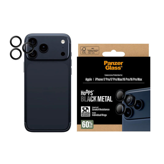 Film de protection pour caméra arrière PanzerGlass Hoops pour Apple iPhone 17 Pro Max / 17 Pro / 16 Pro Max / 16 Pro, Verre Trempé, Noir
