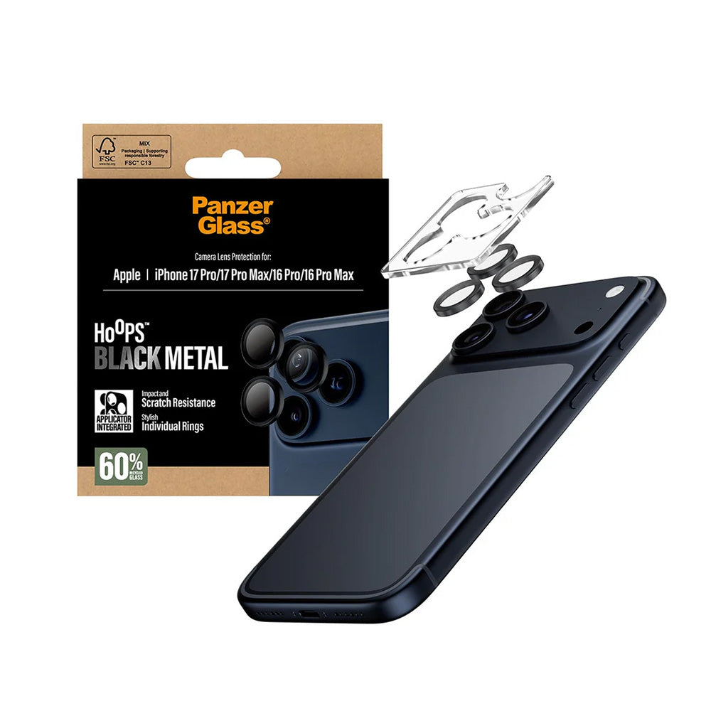 Film de protection pour caméra arrière PanzerGlass Hoops pour Apple iPhone 17 Pro Max / 17 Pro / 16 Pro Max / 16 Pro, Verre Trempé, Noir