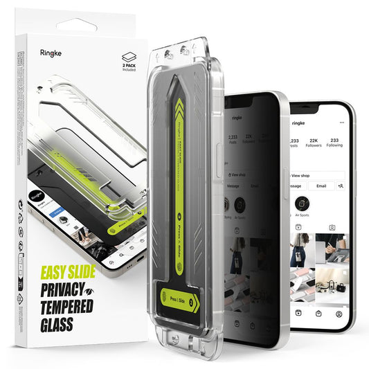 Film de protection d'écran Privacy Ringke Easy Slide pour Apple iPhone 16e / 14 / 13 Pro / 13, Verre Trempé, Full Glue, Lot de 2 pièces