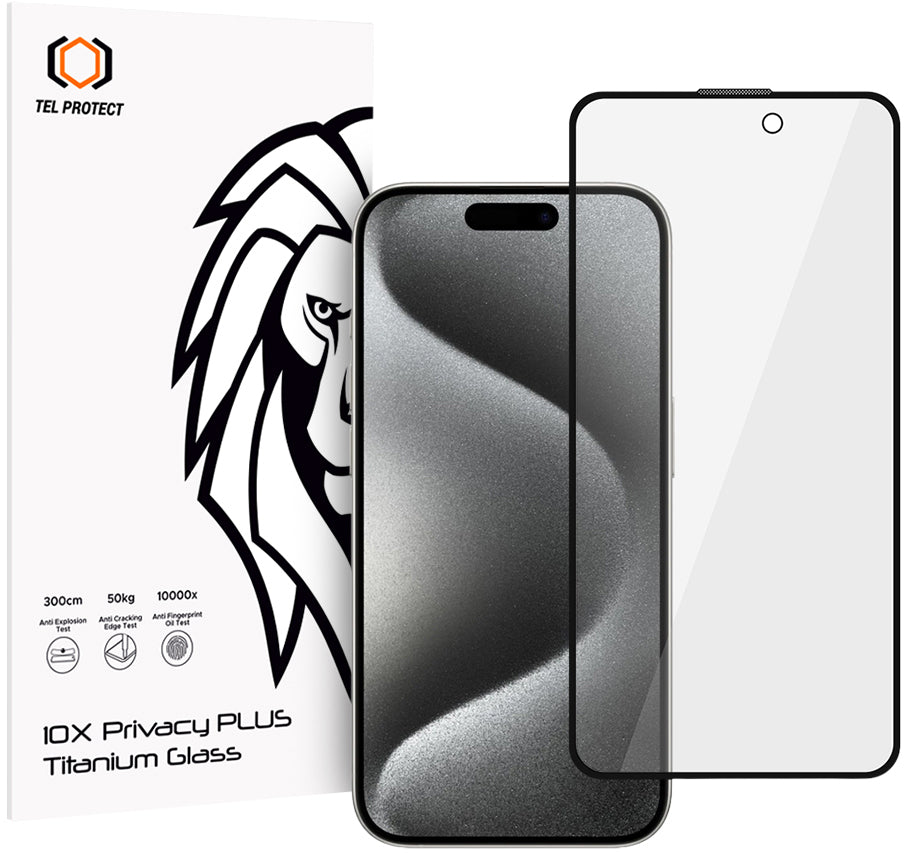 Protection d’écran Privacy Tel Protect 10X Plus Titanium pour Apple iPhone 17 / 16 Pro, verre trempé, adhésif intégral