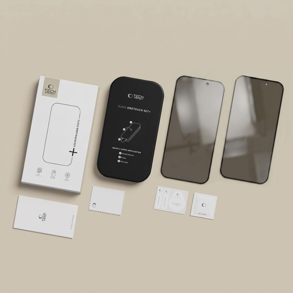 Film de protection d'écran Privacy Tech-Protect OneTouch pour Apple iPhone 18 Pro Max, Verre trempé, Collage intégral, Lot de 2 pièces