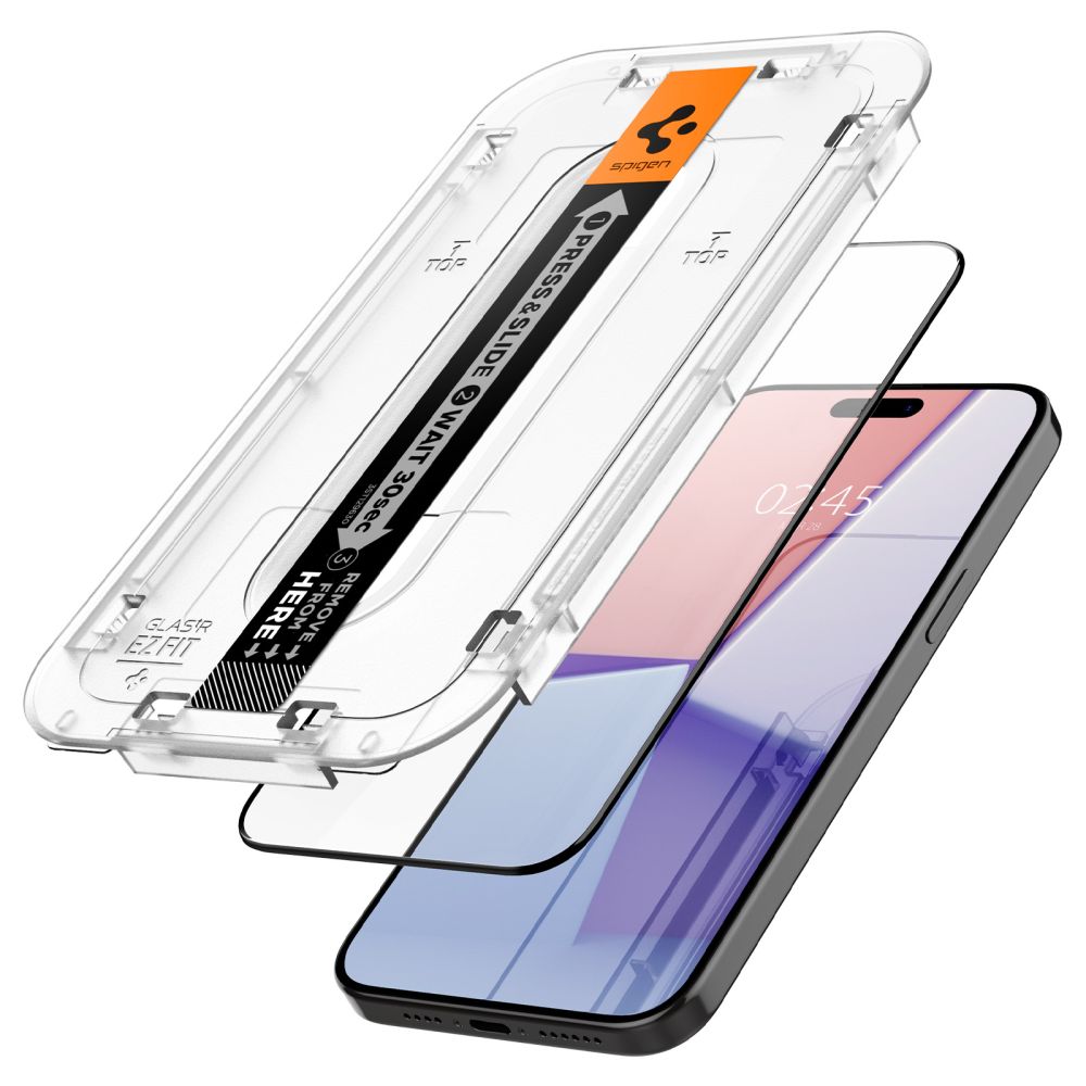Spigen EZ FIT Film de protection d'écran pour Apple iPhone 15, verre blindé, collage intégral, 2.5D, compatible avec les boîtiers, noir AGL06908 AGL06908