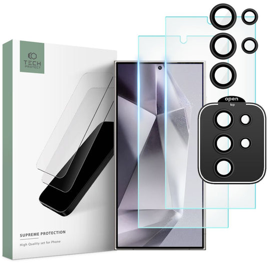 Tech-Protect Supreme Film de protection pour écran arrière et appareil photo pour Samsung Galaxy S24 Ultra S928, protection en verre, collage complet, set de 3 pièces, 2.5D