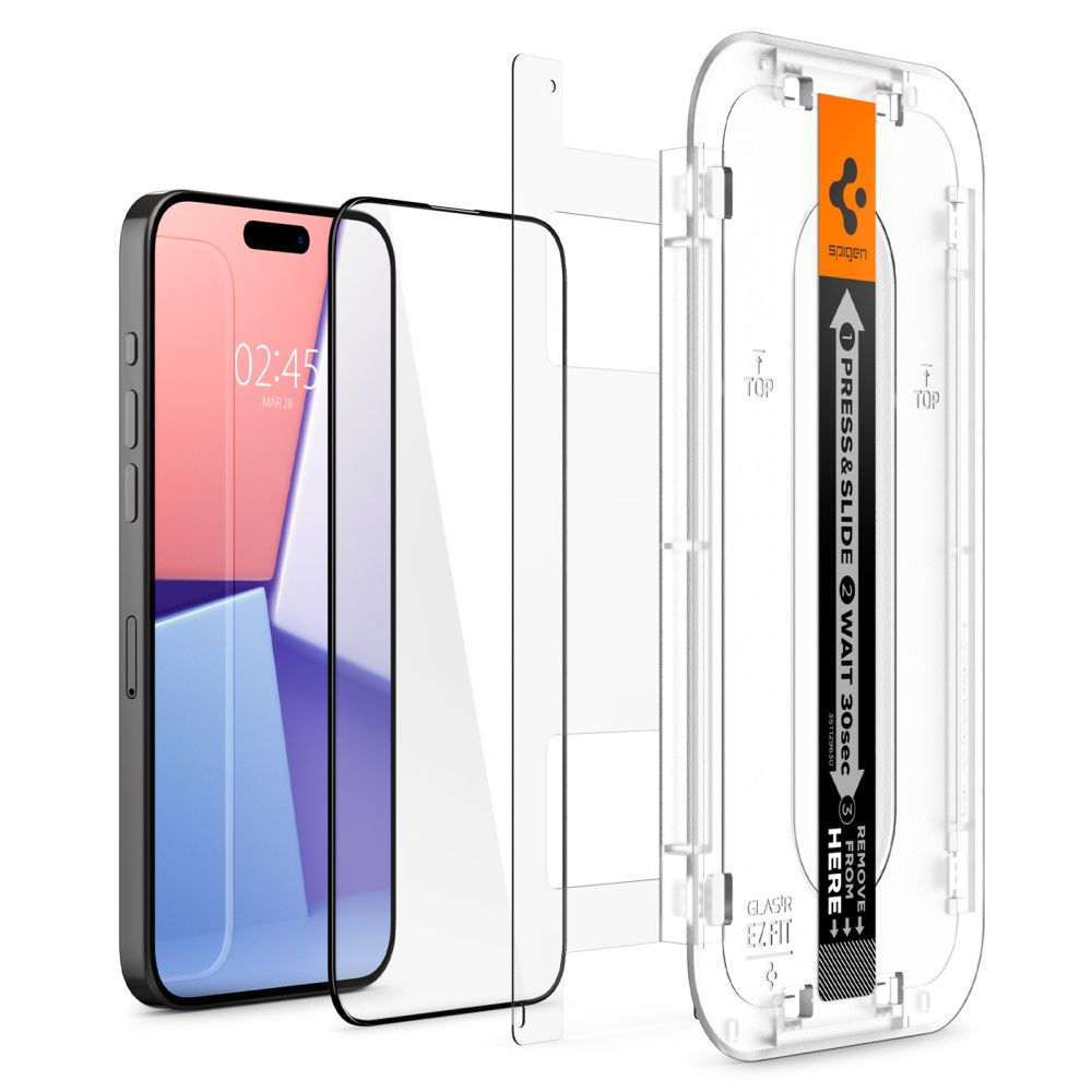 Spigen EZ FIT Film de protection d'écran pour Apple iPhone 15 Pro Max, verre blindé, pleine adhérence, 2.5D, compatible avec les boîtiers, noir AGL06879 AGL06879