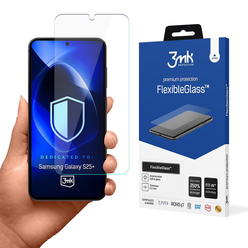 Film de protection écran 3MK FlexibleGlass pour Samsung Galaxy S25+ S936, Verre Flexible, Collage Complet