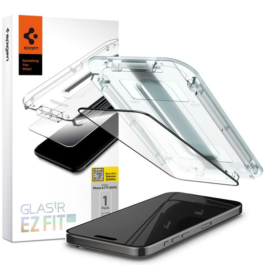 Spigen EZ FIT Screen Protector for Apple iPhone 15 Pro Max, Glass Shielded, Full Glue, 2.5D, Case Friendly, Black AGL06879 AGL06879
