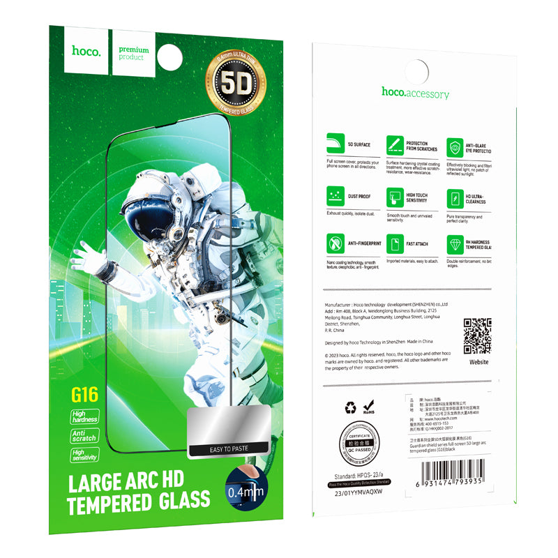 Film de protection écran HOCO G16 pour Apple iPhone 17e / 16e / 14 / 13 Pro, Verre Trempé, Full Glue, 5D, Noir.