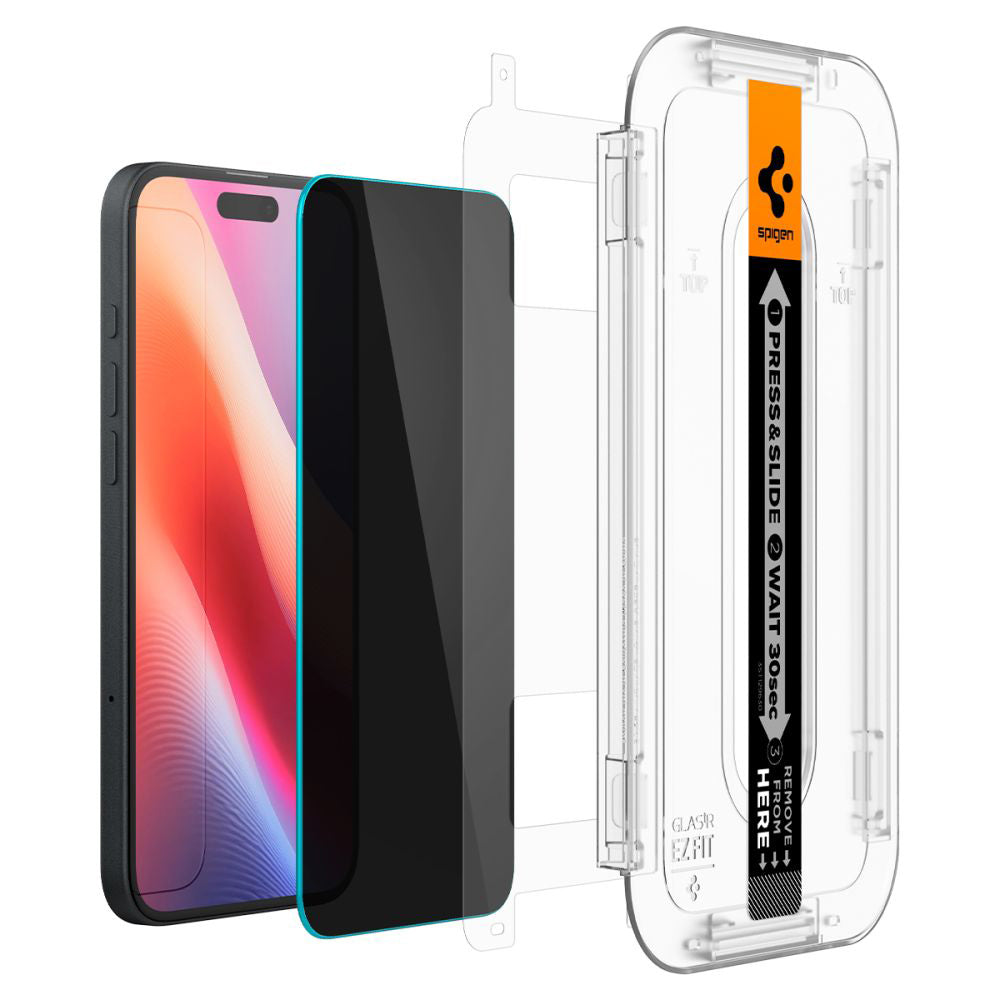 Film de protection écran Privacy Spigen GlastR EZ FIT pour Apple iPhone 16 / 15, Verre Trempé, Full Glue, Lot de 2 pièces AGL06905