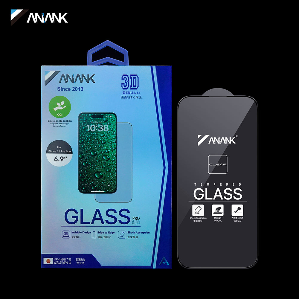 Film de protection d'écran Anank 3X Renforcé Invisible pour Apple iPhone 16 Pro, Verre Trempé, Collage Complet, 3D, Noir