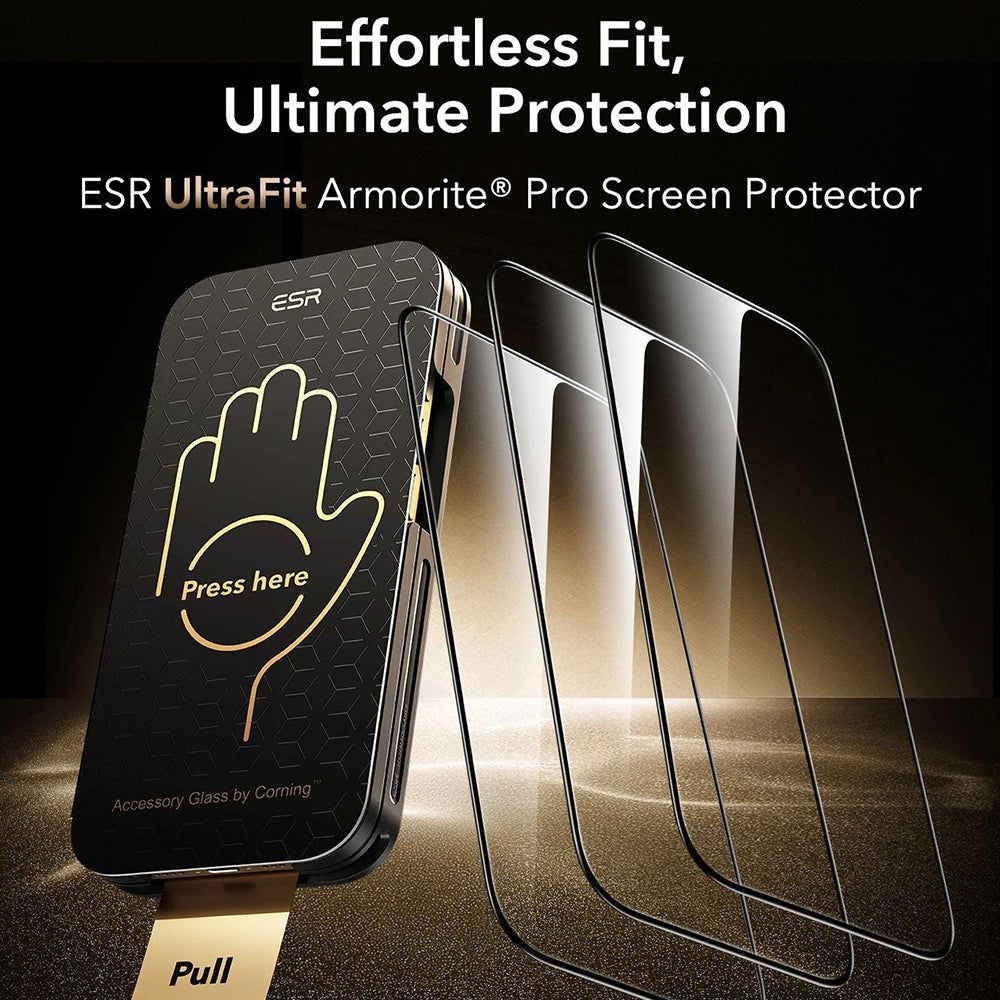 Film de protection d'écran ESR Corning UltraFit pour Apple iPhone 17 Pro, Verre Trempé, Full Glue, Lot de 3 pièces, Noir