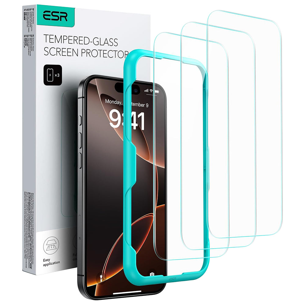 Film de protection d'écran ESR pour Apple iPhone 17 / 16 Pro, Verre Trempé, Full Glue, Lot de 3 pièces, Noir