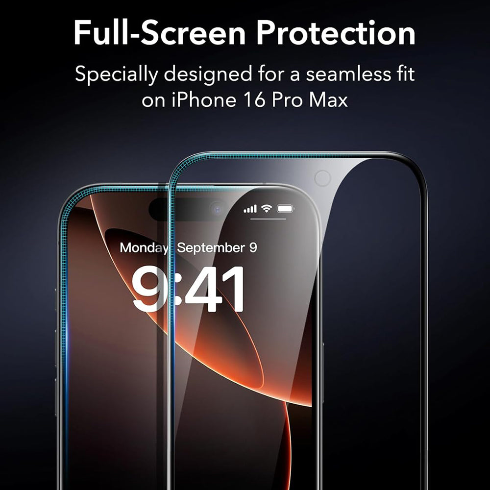 Film de protection d'écran ESR pour Apple iPhone 17 / 16 Pro, Verre Trempé, Full Glue, Lot de 3 pièces, Noir