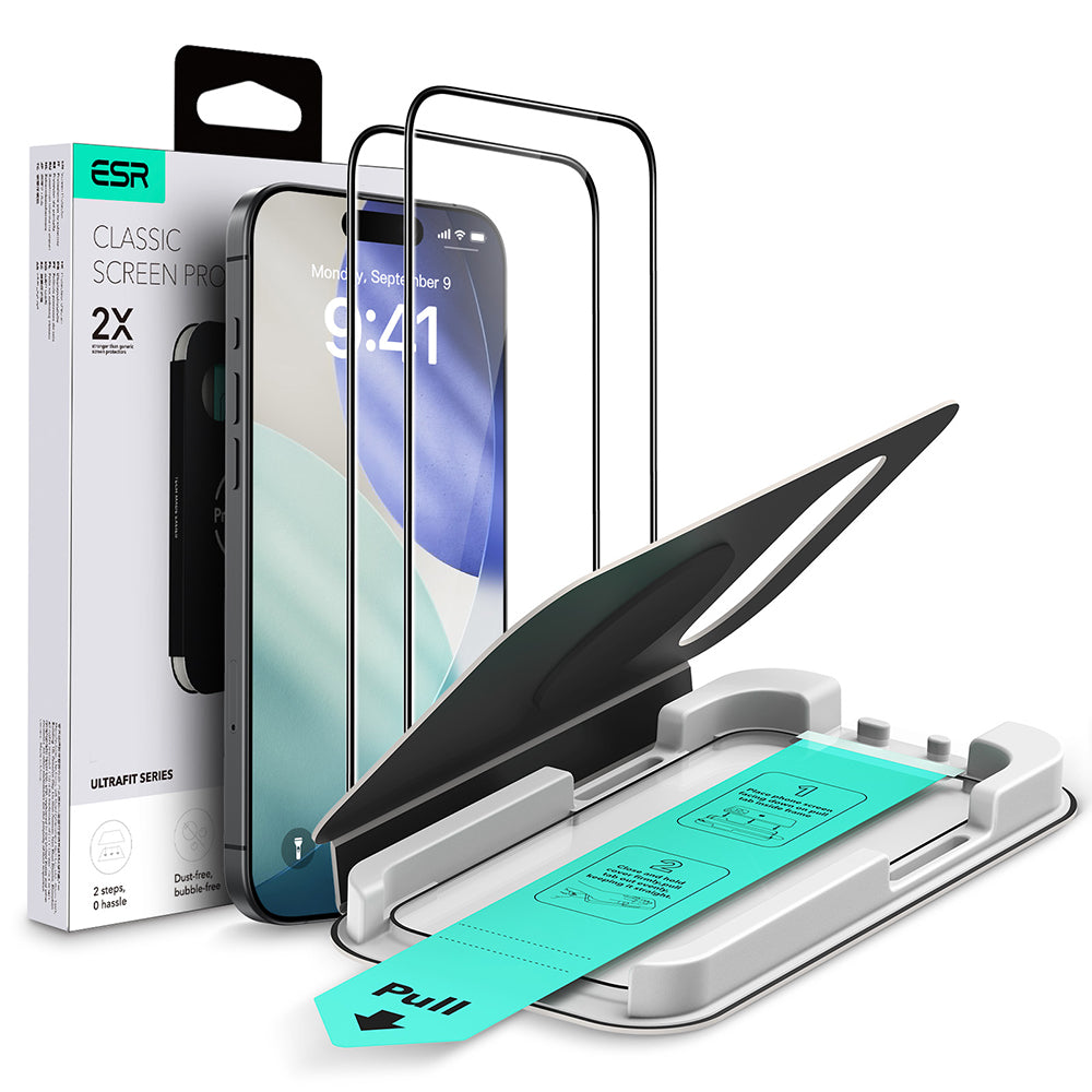 ESR UltraFit Screen Protector for Apple iPhone 17 / 16 Pro, Tempered Glass, Full Glue, Set of 2, Black