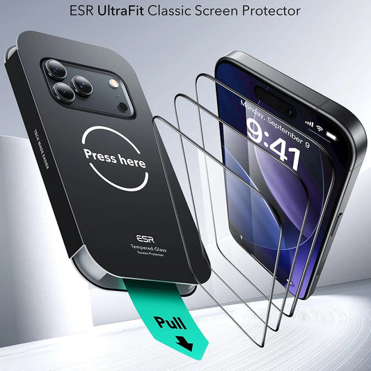 Film de protection écran ESR UltraFit pour Apple iPhone 17 Pro Max, Verre Trempé, Full Glue, Set de 3 pièces