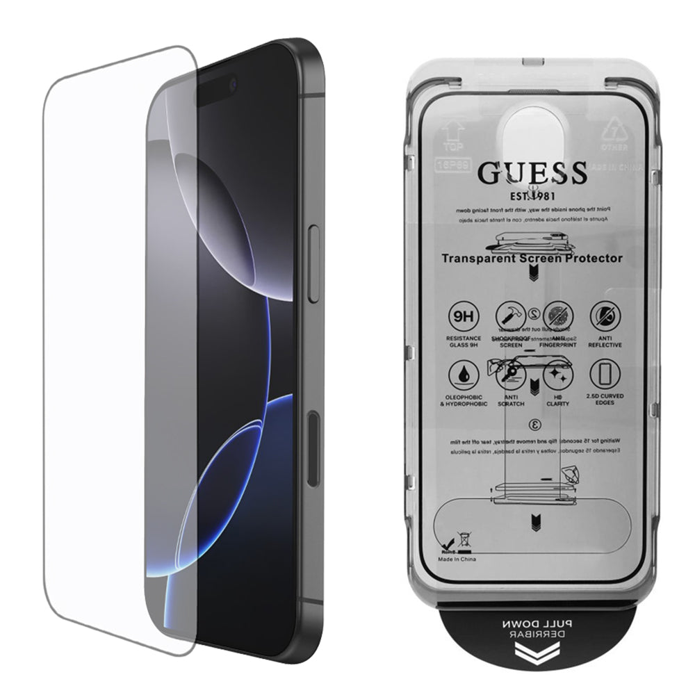 Film de protection d'écran Guess Classic Outline pour Apple iPhone 16 Pro, Verre Trempé, Full Glue, 2.5D, Noir