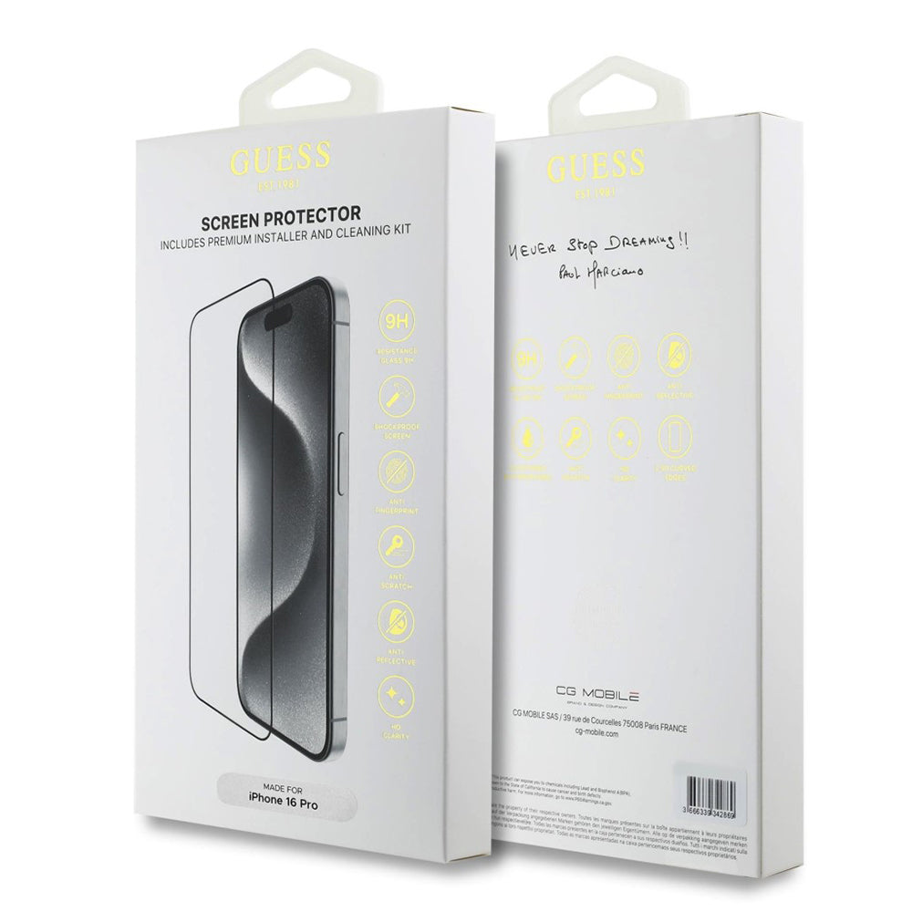 Film de protection d'écran Guess Classic Outline pour Apple iPhone 16 Pro, Verre Trempé, Full Glue, 2.5D, Noir