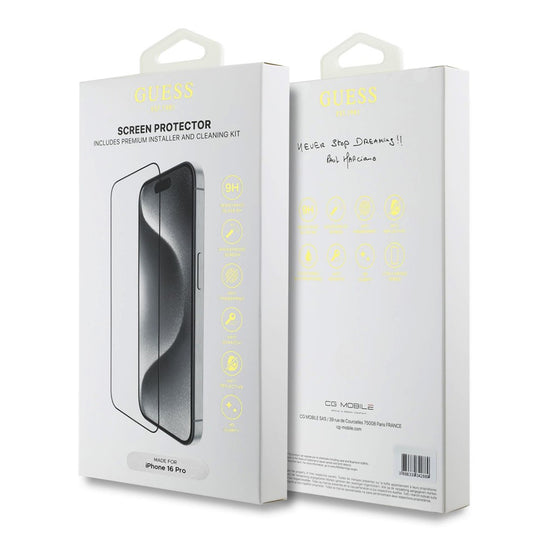 Film de protection d'écran Guess Classic Outline pour Apple iPhone 16, Verre Trempé, Full Glue, 2.5D, Noir GUTGP16SBOKGCIT