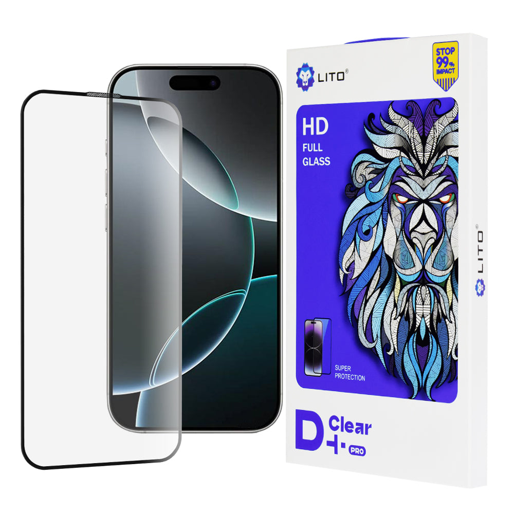 Film de protection d'écran Lito D+ Pro pour Apple iPhone 16 Pro, Verre Trempé, Collage Complet, Noir