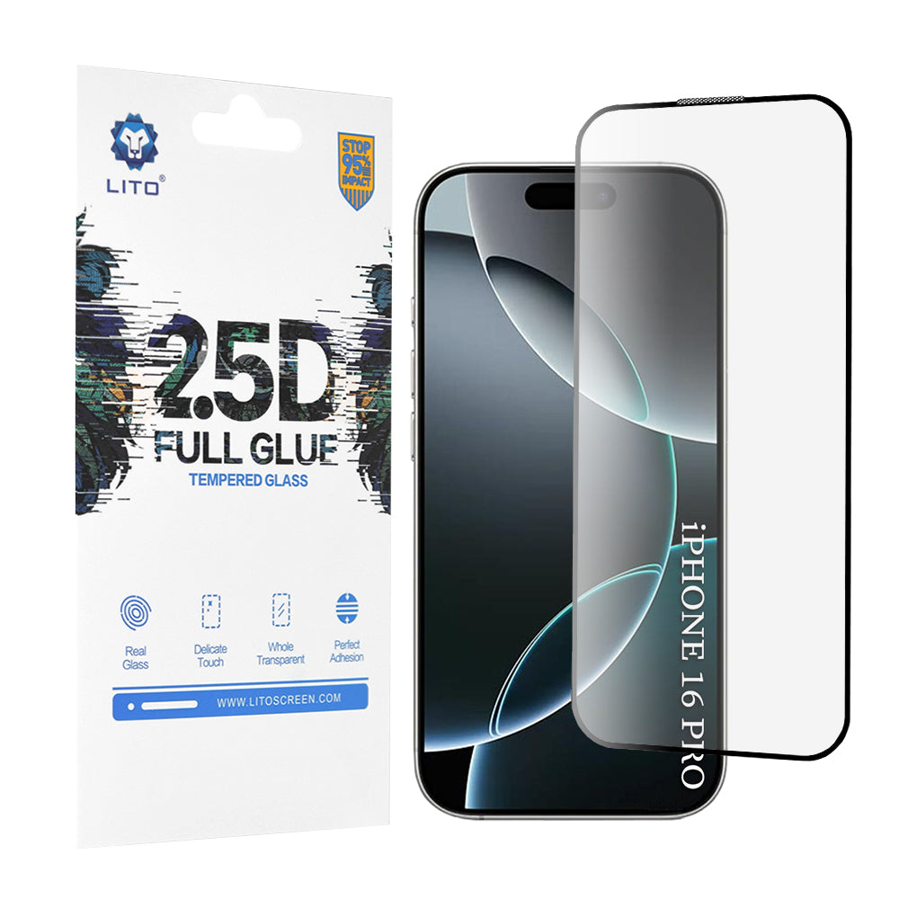 Film de protection d'écran Lito pour Apple iPhone 17 / 16 Pro, Verre Trempé, Full Glue, 2.5D, Noir