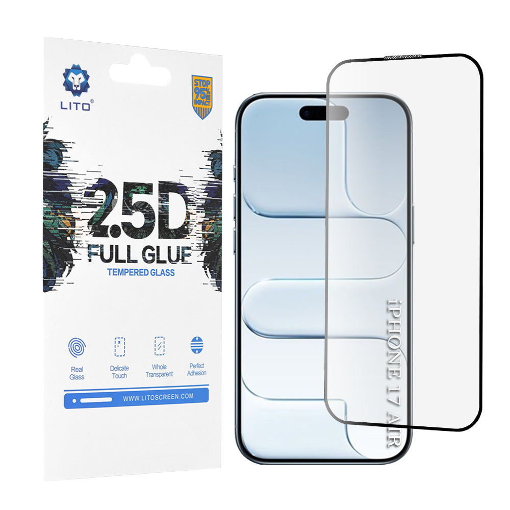 Film de protection d'écran Lito pour Apple iPhone 17 Air, Verre Trempé, Full Glue, 2.5D, Noir