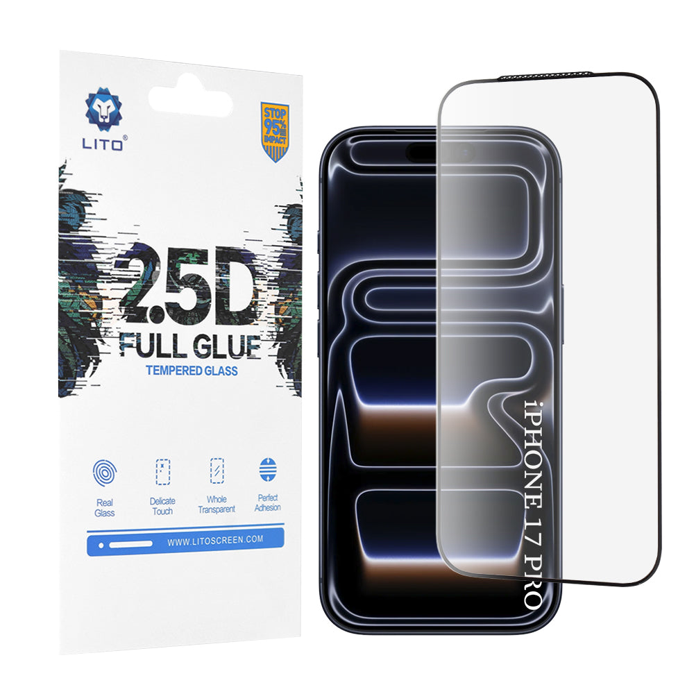 Lito Screen Protector for Apple iPhone 17 Pro, Tempered Glass, Full Glue, 2.5D, Black