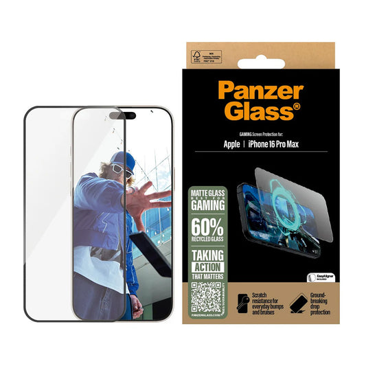 Film de protection d'écran mat PanzerGlass Ultra-Wide Fit Gaming pour Apple iPhone 16 Pro Max, Verre Trempé, Full Glue, Noir