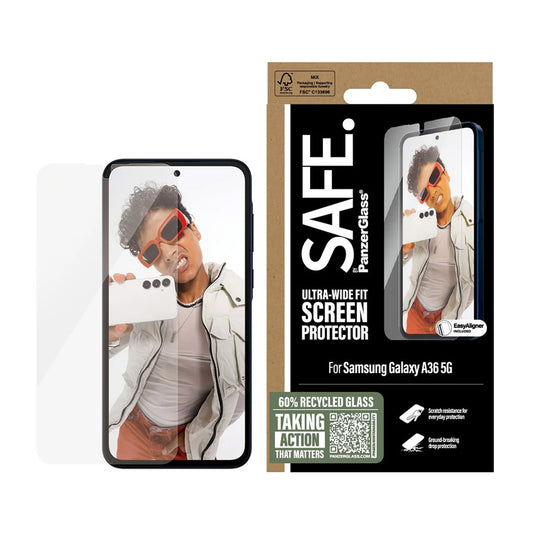 Film de protection d'écran PanzerGlass Safe. Ultra-Wide Fit EasyAligner pour Samsung Galaxy A36 A366, Verre Trempé, Full Glue