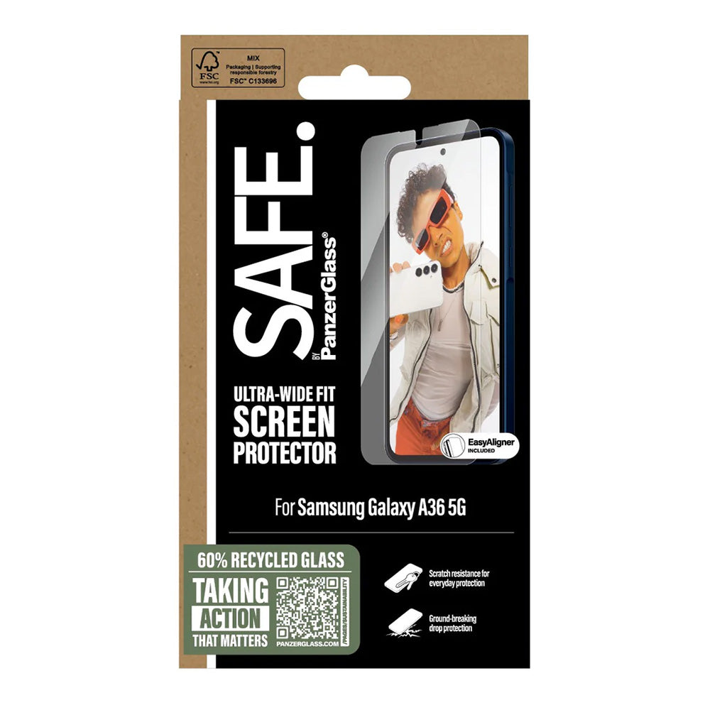 Film de protection d'écran PanzerGlass Safe. Ultra-Wide Fit EasyAligner pour Samsung Galaxy A36 A366, Verre Trempé, Full Glue