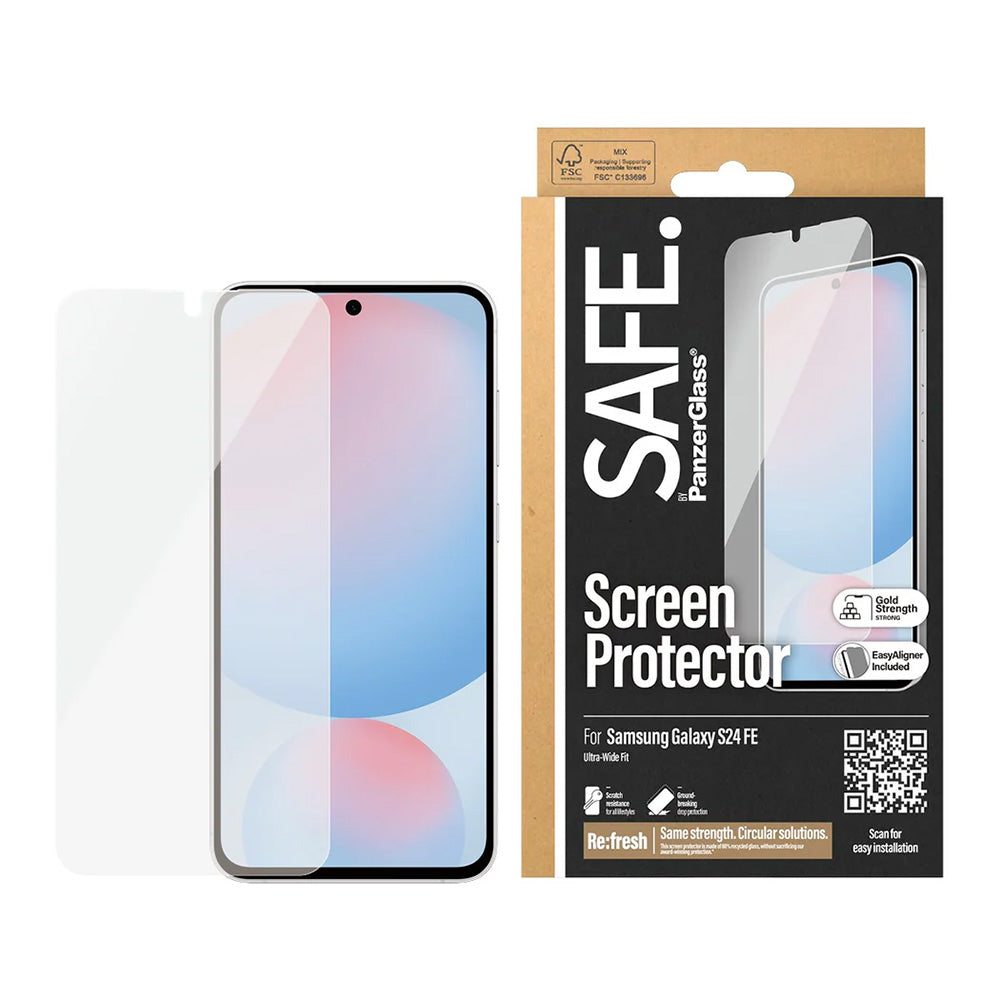 Film de protection d'écran PanzerGlass Safe. Ultra-Wide Fit EasyAligner pour Samsung Galaxy S24 FE S721, Verre Trempé, Full Glue