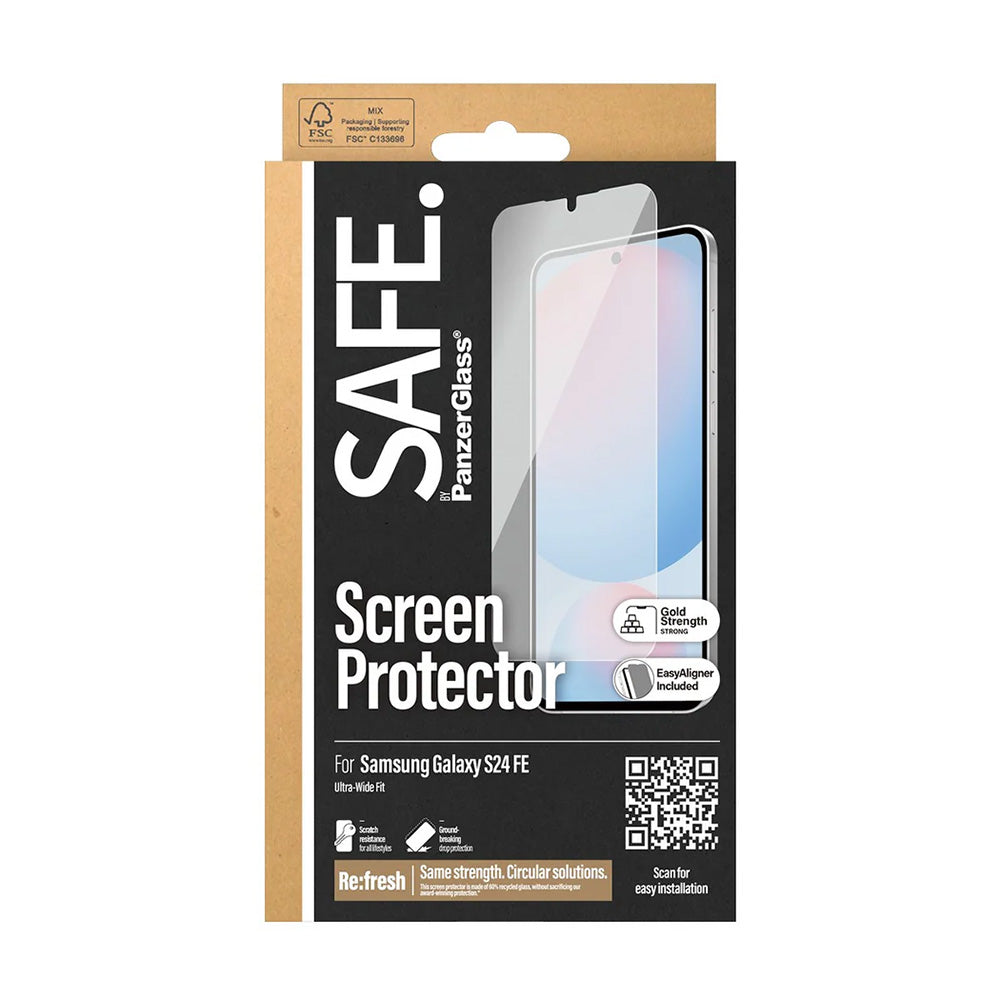 Film de protection d'écran PanzerGlass Safe. Ultra-Wide Fit EasyAligner pour Samsung Galaxy S24 FE S721, Verre Trempé, Full Glue