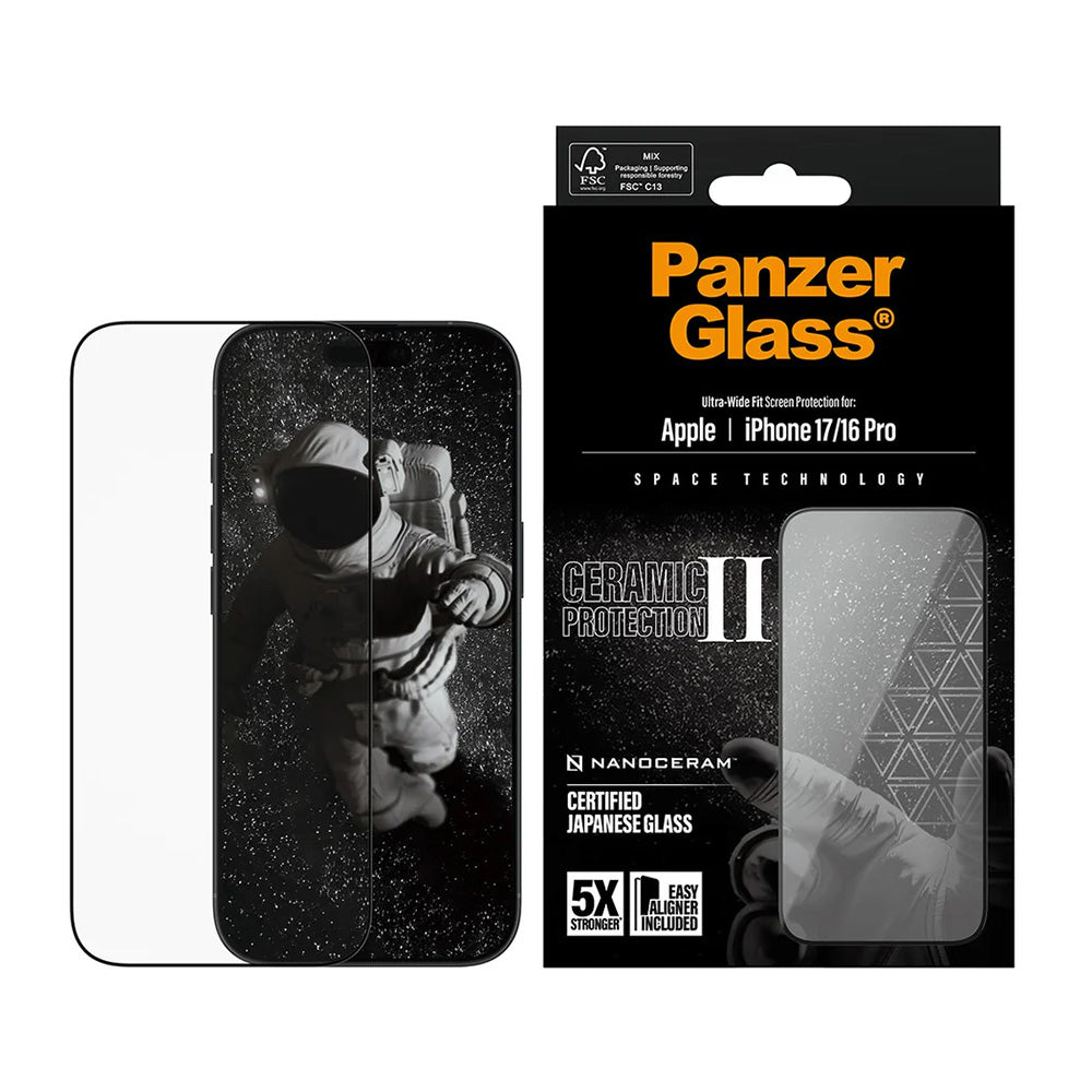 Film de protection d'écran PanzerGlass Ultra-Wide Ceramic II EasyAligner pour Apple iPhone 17 / 16 Pro, Verre Trempé, Full Glue, Noir