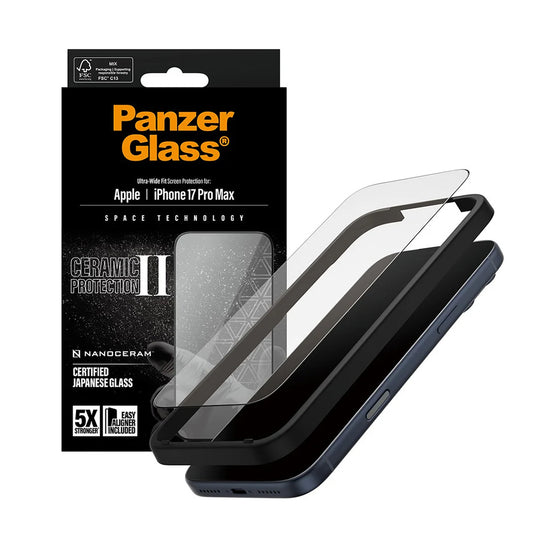 Film de protection d'écran PanzerGlass Ultra-Wide Ceramic II EasyAligner pour Apple iPhone 17 Pro Max, Verre Trempé, Full Glue, Noir