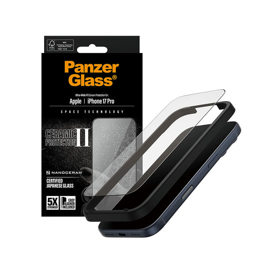 Film de protection d'écran PanzerGlass Ultra-Wide Ceramic II EasyAligner pour Apple iPhone 17 Pro, Verre Trempé, Full Glue, Noir