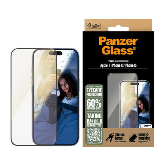 Film de protection d'écran PanzerGlass Ultra-Wide Fit EyeCare pour Apple iPhone 16 / 15, Verre Trempé, Full Glue, Noir
