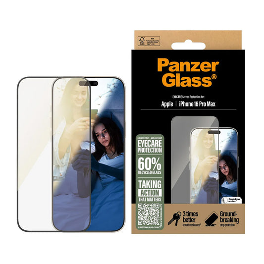 Film de protection d'écran PanzerGlass Ultra-Wide Fit EyeCare pour Apple iPhone 16 Pro Max, Verre Trempé, Full Glue, Noir