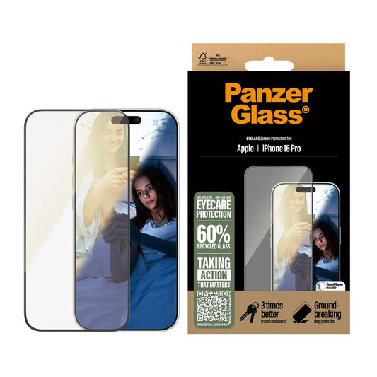 Film de protection d'écran PanzerGlass Ultra-Wide Fit EyeCare pour Apple iPhone 16 Pro, Verre Trempé, Full Glue, Noir