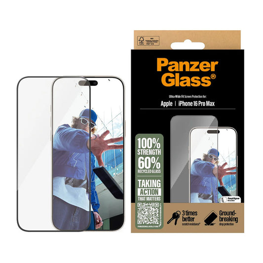 Film de protection d'écran PanzerGlass Ultra-Wide Fit pour Apple iPhone 16 Pro Max, Verre Trempé, Full Glue, Noir