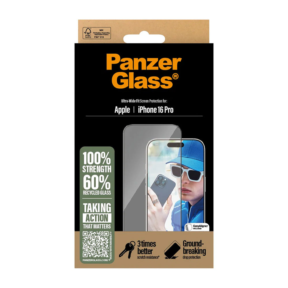 Film de protection d'écran PanzerGlass Ultra-Wide Fit pour Apple iPhone 16 Pro, Verre Trempé, Full Glue, Noir