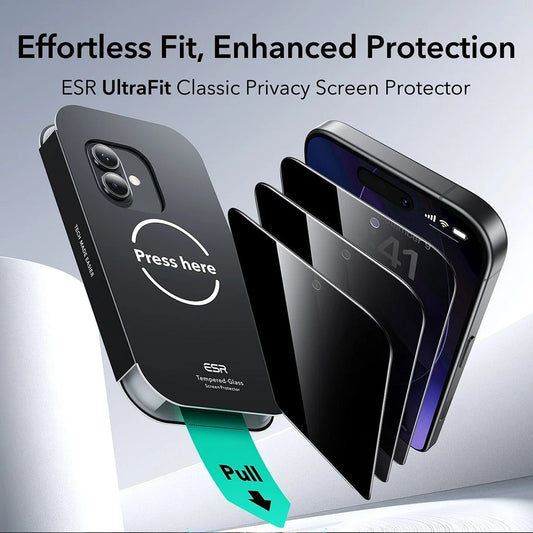Film de protection Écran Privacy ESR UltraFit pour Apple iPhone 17 / 16 Pro, Verre Trempé, Full Glue, Set de 3 pièces