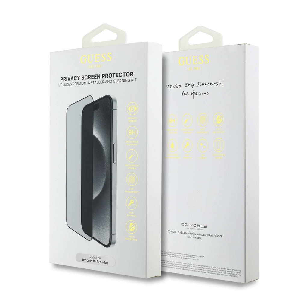 Film de protection écran Privacy Guess pour Apple iPhone 16 Pro Max, Verre Trempé, Full Glue, 2.5D