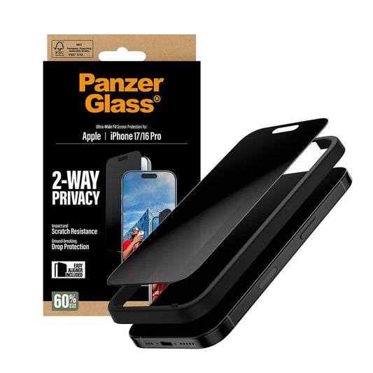 Film de protection écran Privacy PanzerGlass Ultra-Wide Fit 2-Way EasyAligner pour Apple iPhone 17 / 16 Pro, Verre Trempé, Full Glue