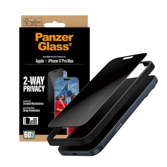 Film de protection écran Privacy PanzerGlass Ultra-Wide Fit 2-Way EasyAligner pour Apple iPhone 17 Pro Max, Verre Trempé, Full Glue