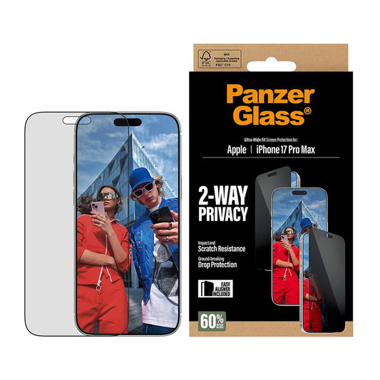 Film de protection écran Privacy PanzerGlass Ultra-Wide Fit 2-Way EasyAligner pour Apple iPhone 17 Pro Max, Verre Trempé, Full Glue