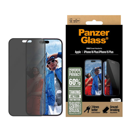 Film de protection écran Privacy PanzerGlass Ultra-Wide Fit EasyAligner pour Apple iPhone 16 Plus / 15 Plus, Verre Trempé, Full Glue