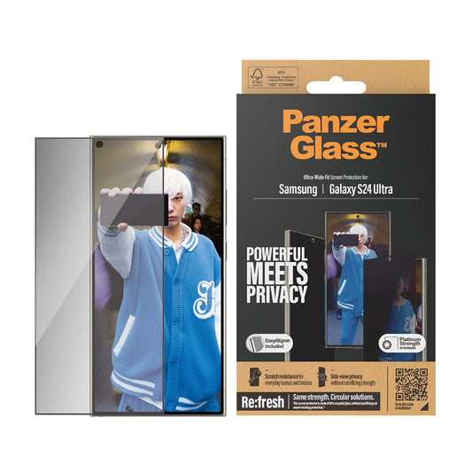 Film de protection écran Privacy PanzerGlass Ultra-Wide Fit EasyAligner pour Samsung Galaxy S24 Ultra S928, Verre Trempé, Full Glue